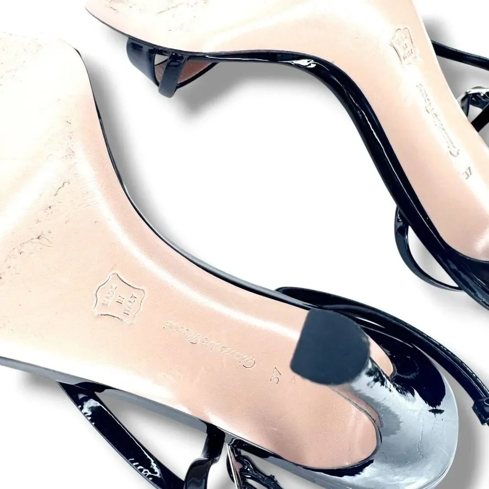 Gianvito Rossi Black Patent Leather Manhattan Ankle Strap Stiletto Heeled Sandal